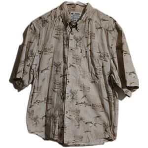 Columbia Shirt Mens Size Medium M Fishing Lures Reels Beige Tan Outdoors Cotton
